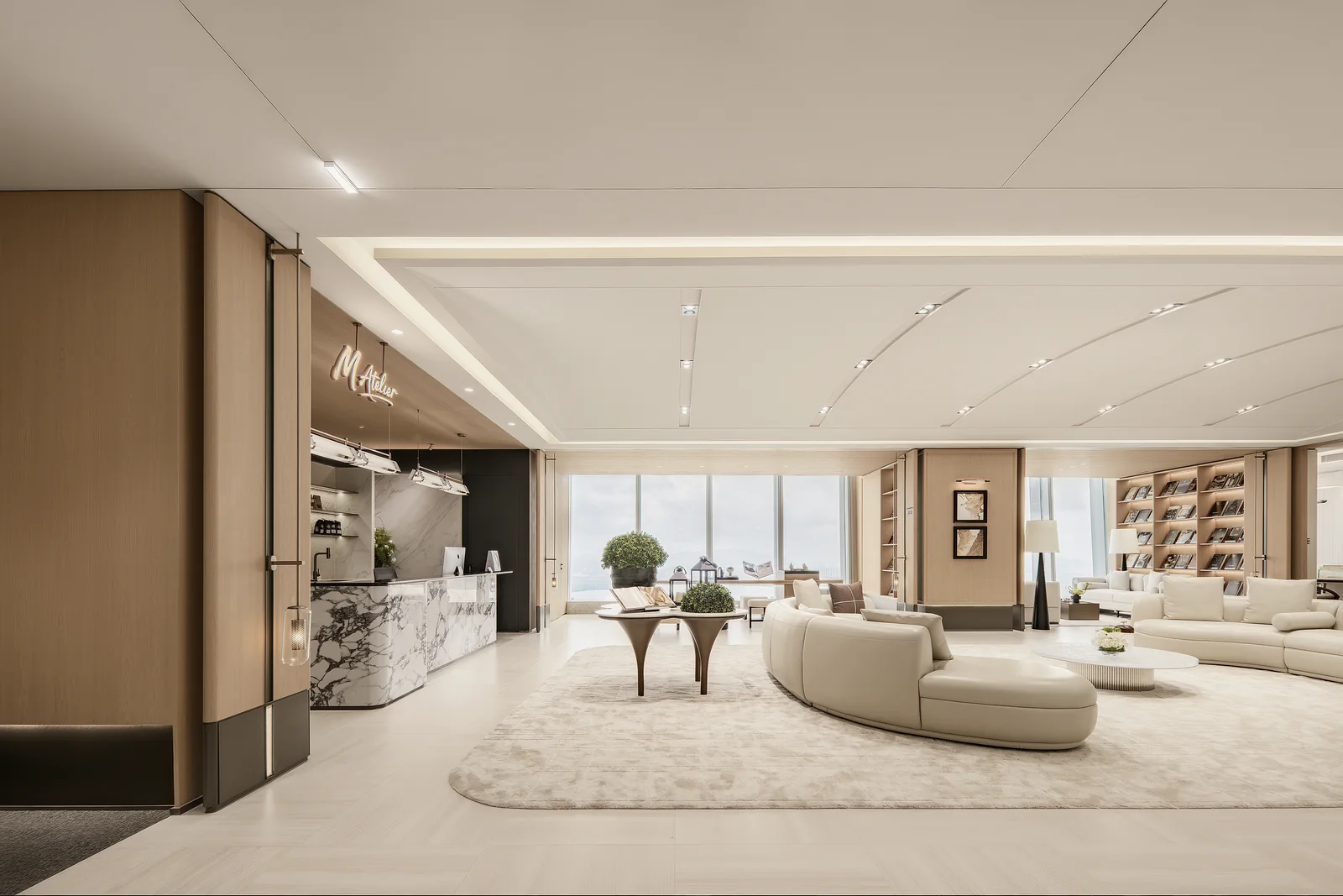 Completed Futian office lounge with curved seating beside the reception counter