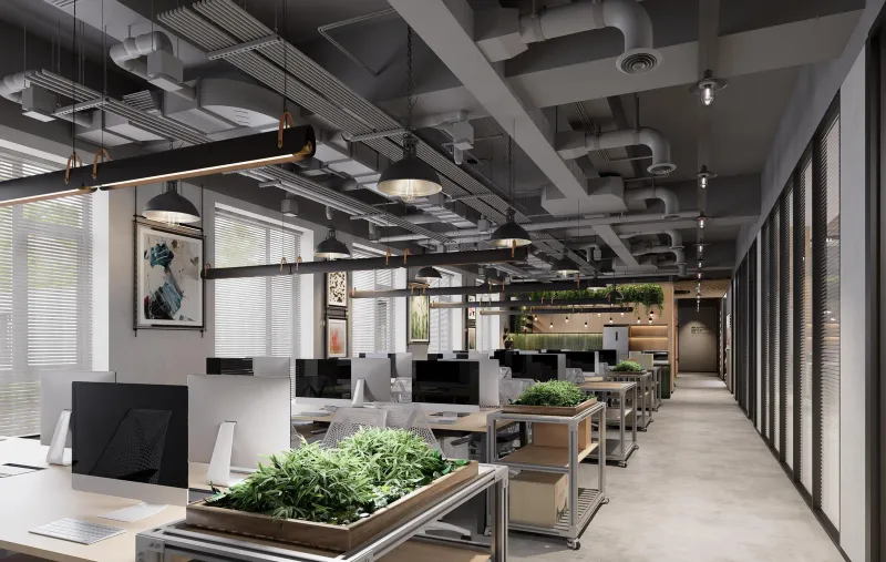 Open-office design visualisation showing desk rows, planter dividers and a clear circulation route.