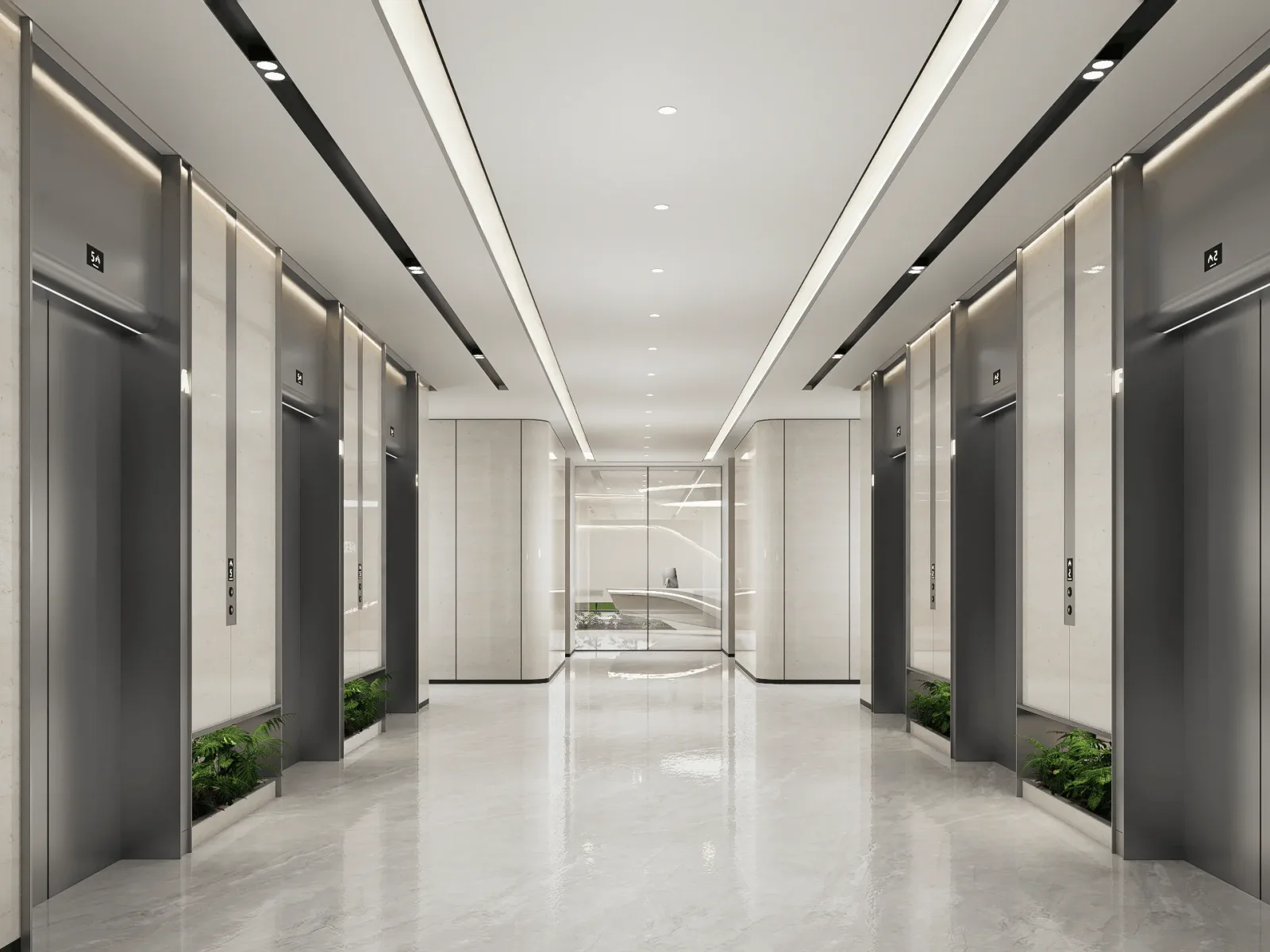 Office lift lobby leading toward a reception area