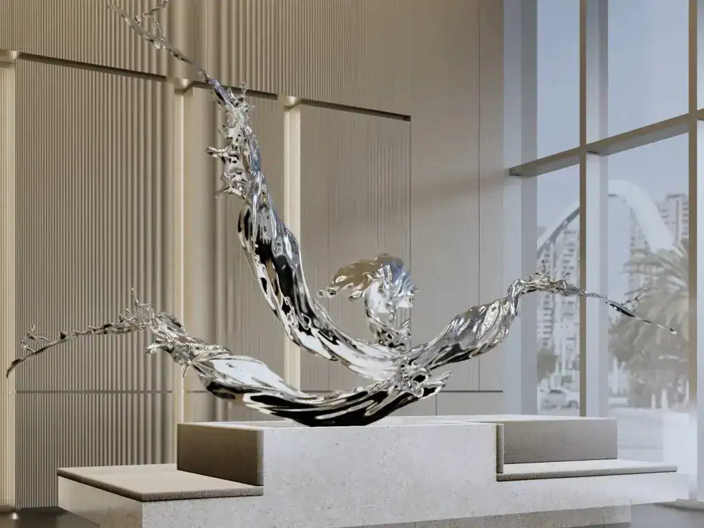 Reflective metallic sculpture in a high-end office interior by Roky Design in Hong Kong.