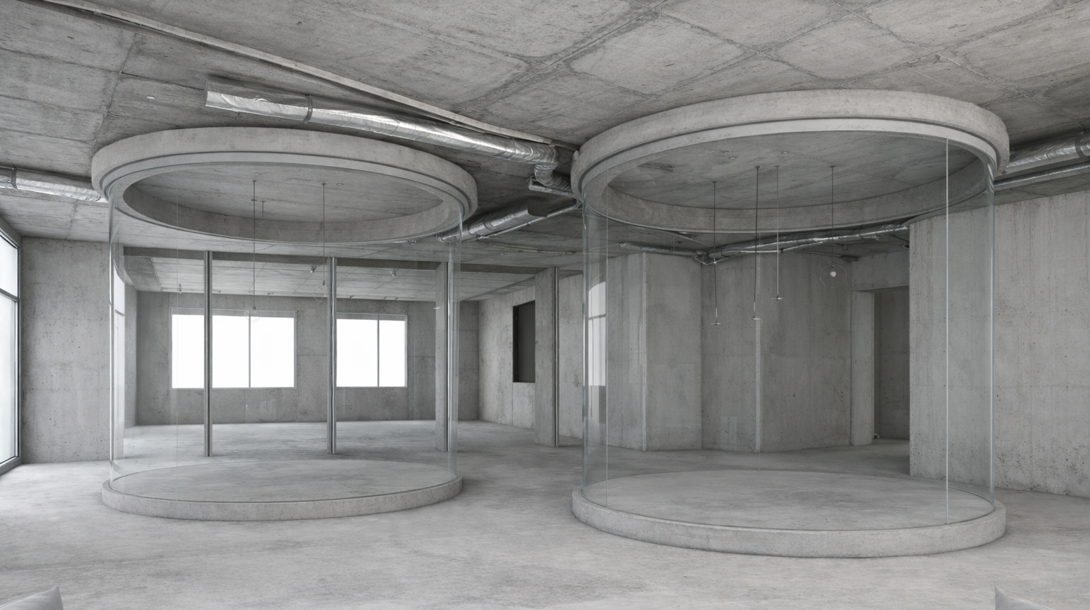 unfinished office space with glass enclosures