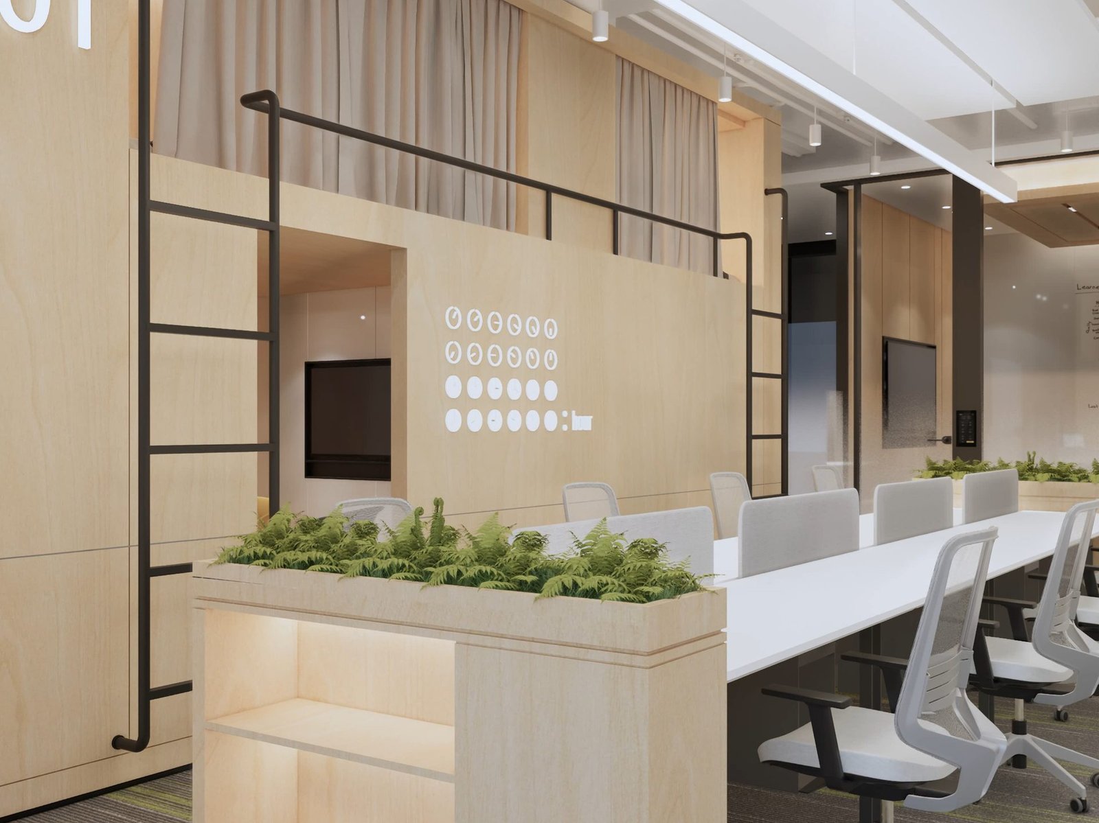 Open collaborative workstations with planter dividers and signage in a renovated Hong Kong office