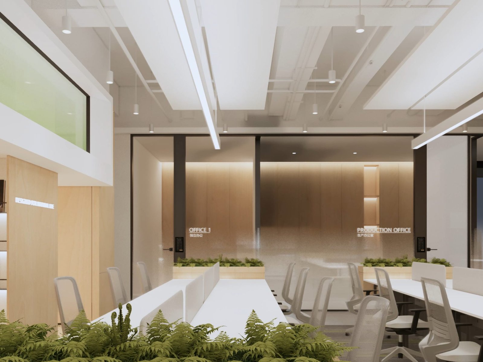 Quiet focus work area with desks, biophilic planting, and signage to office and production departments in a Hong Kong workspace