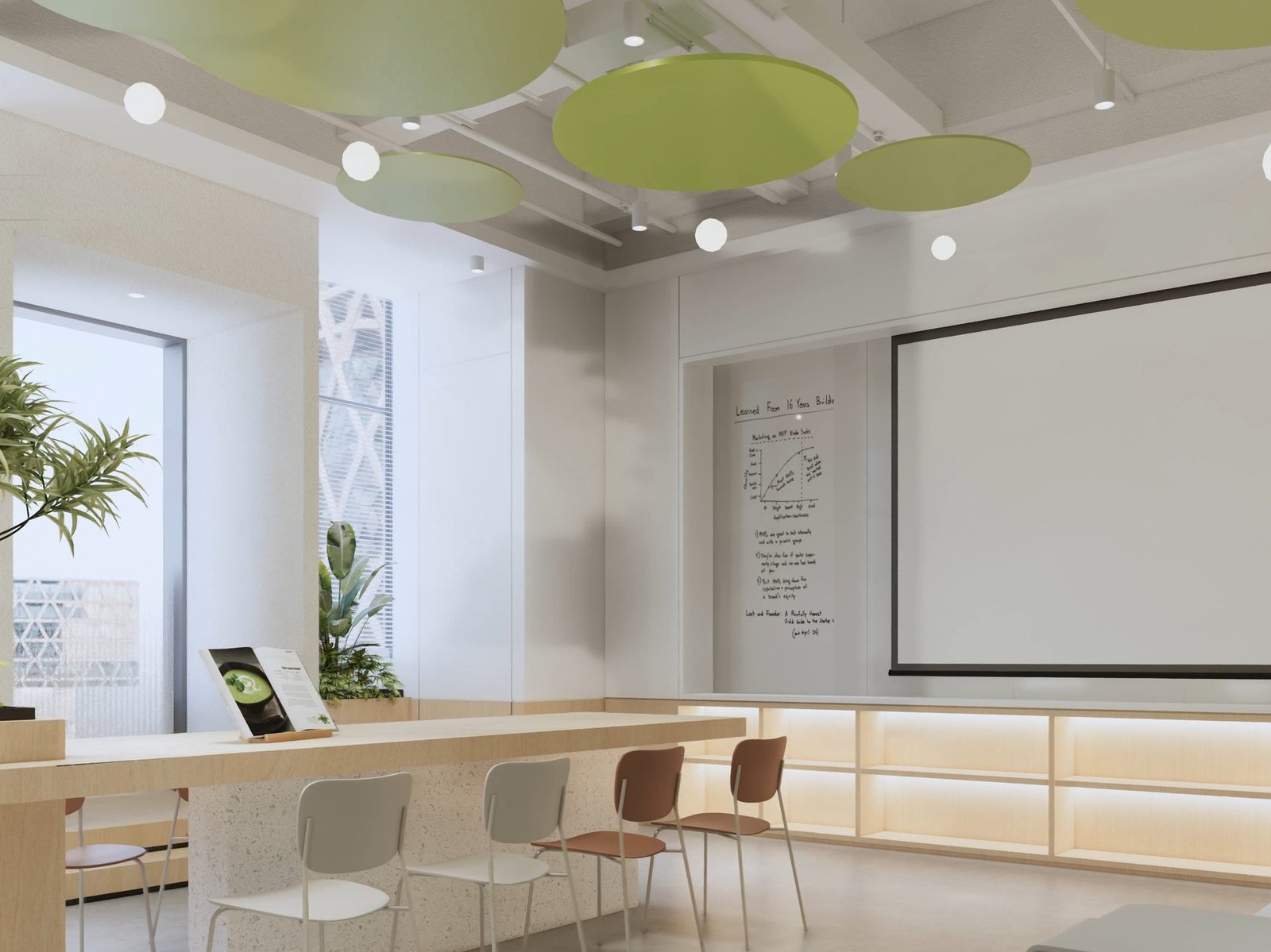 Modern meeting room with acoustic ceiling baffles, projector screen, and writable wall in a Hong Kong office renovation