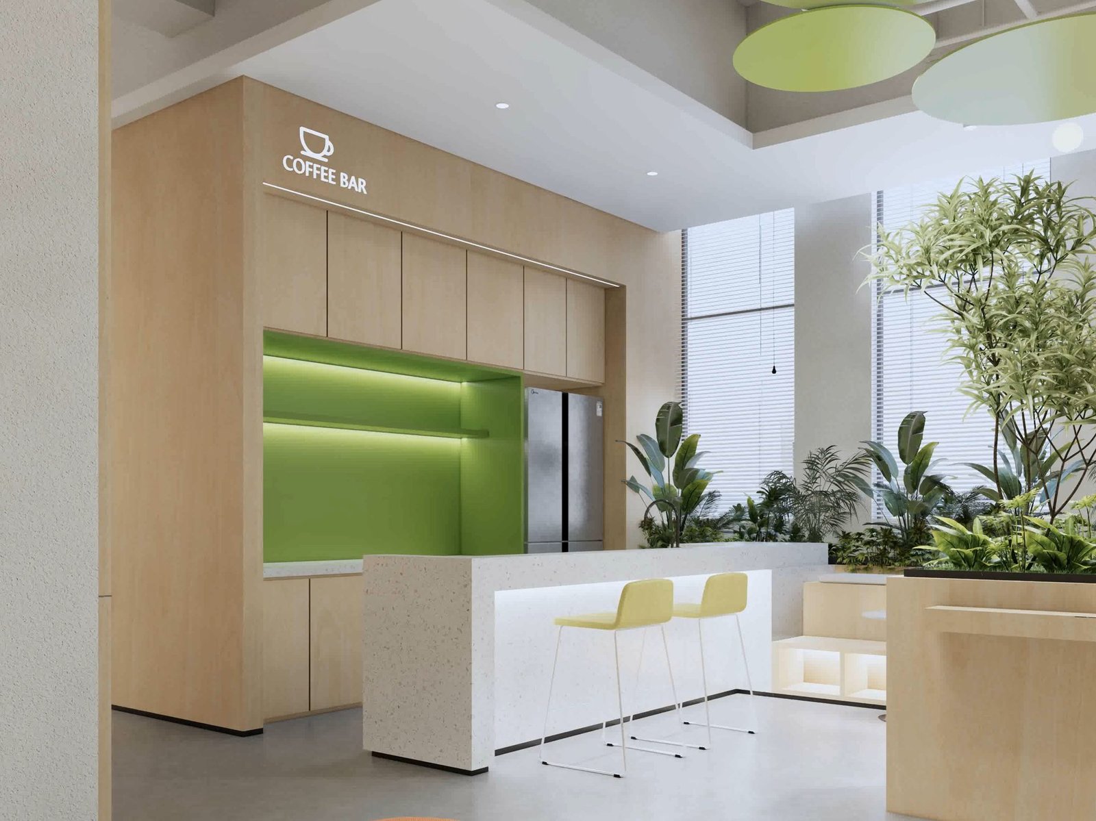 Office coffee bar and informal breakout area with terrazzo counter, accent lighting, and greenery in a Hong Kong workspace