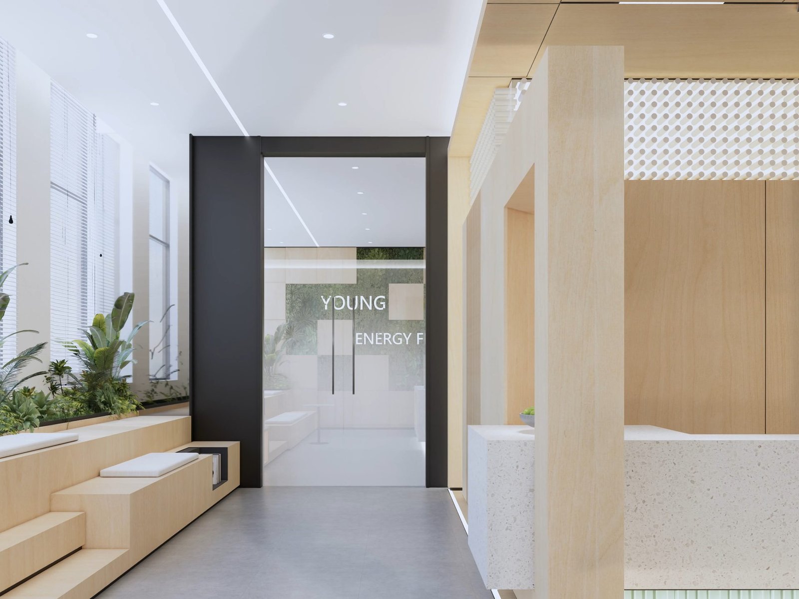 Bright Hong Kong office entrance with natural daylight, timber finishes, and integrated planting after renovation by Roky Design