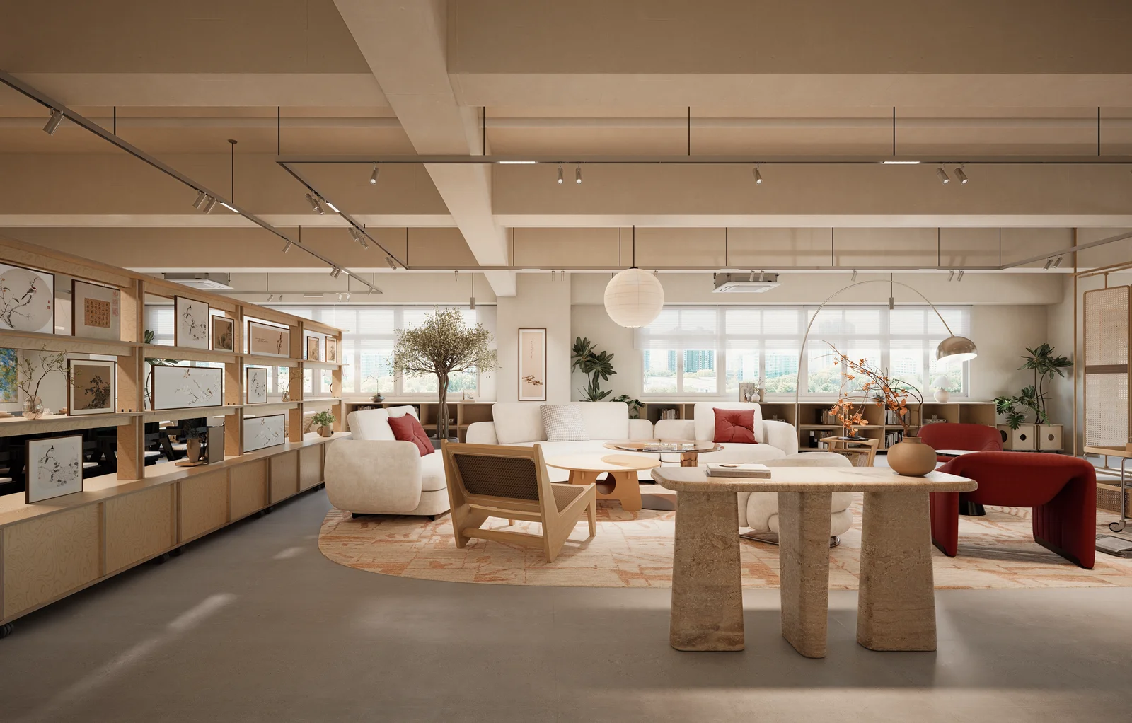Warm Chinese painting art studio in Wong Chuk Hang, Hong Kong, with wood shelving and ink-wash calm — by Roky Design