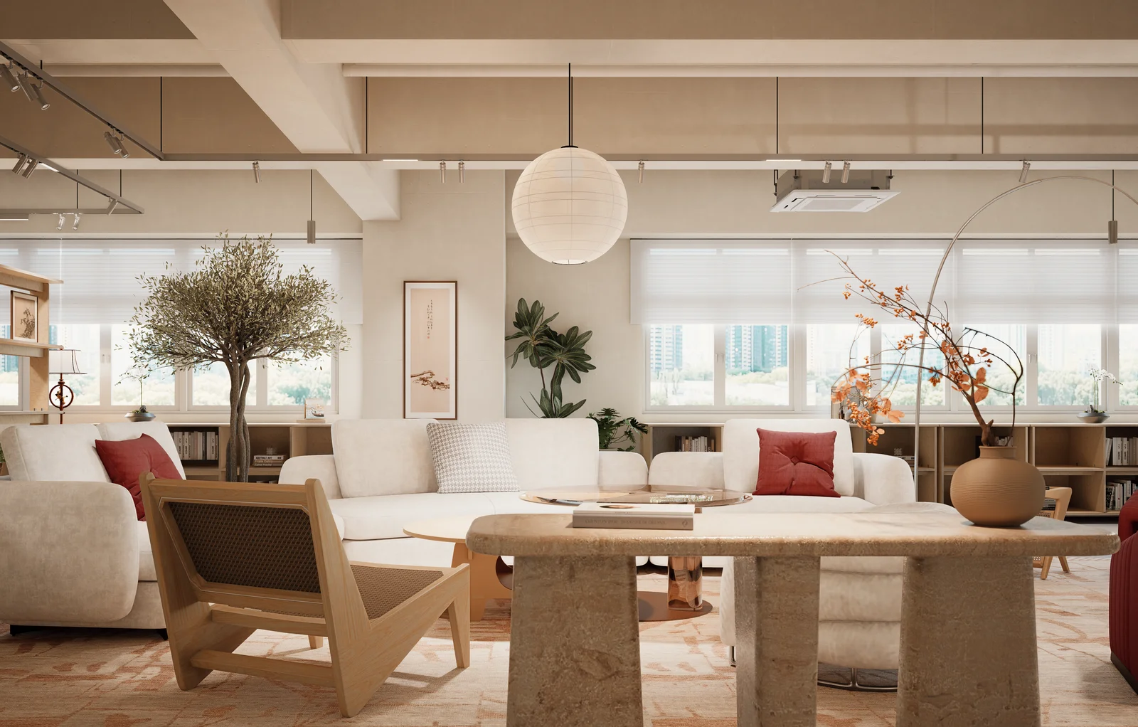 Traditional Chinese painting (Guohua) studio interior in Hong Kong — pure white, warm wood and ink-grey, 'Home within the painting' by Roky Design