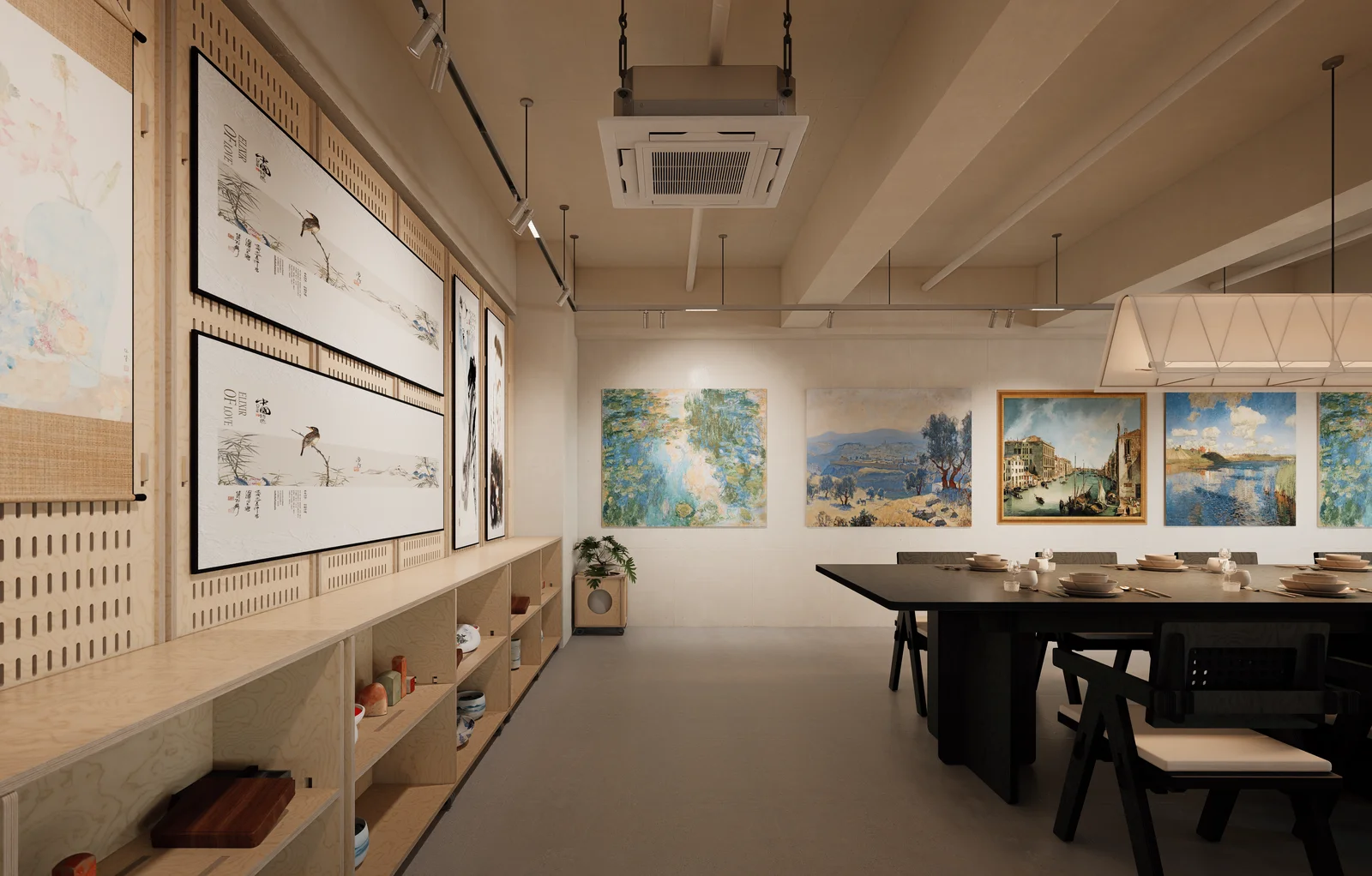 Traditional Chinese painting (Guohua) studio interior in Hong Kong — pure white, warm wood and ink-grey, 'Home within the painting' by Roky Design