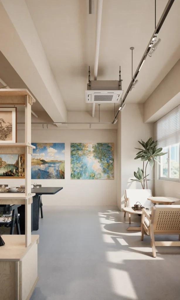Traditional Chinese painting (Guohua) studio interior in Hong Kong — pure white, warm wood and ink-grey, 'Home within the painting' by Roky Design