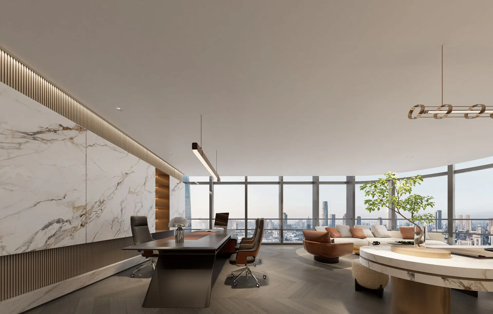 Executive office with marble feature wall and panoramic city views — auto parts company office, Hong Kong