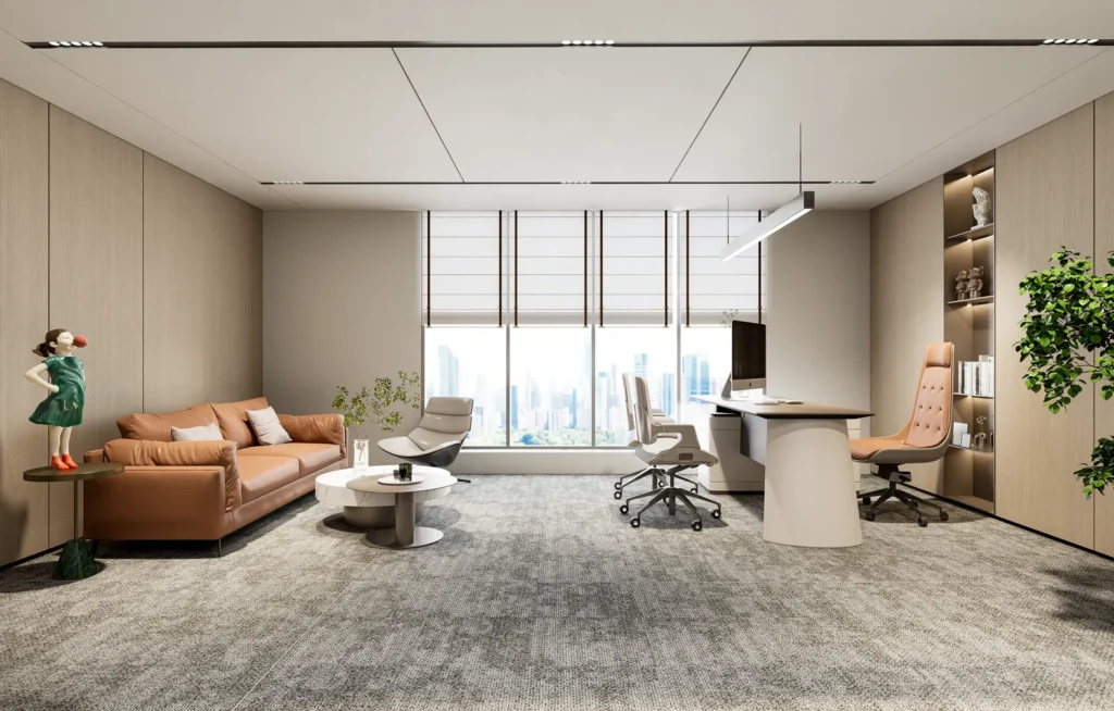 Executive office with tan leather and city views at Manvu HQ, Shenzhen