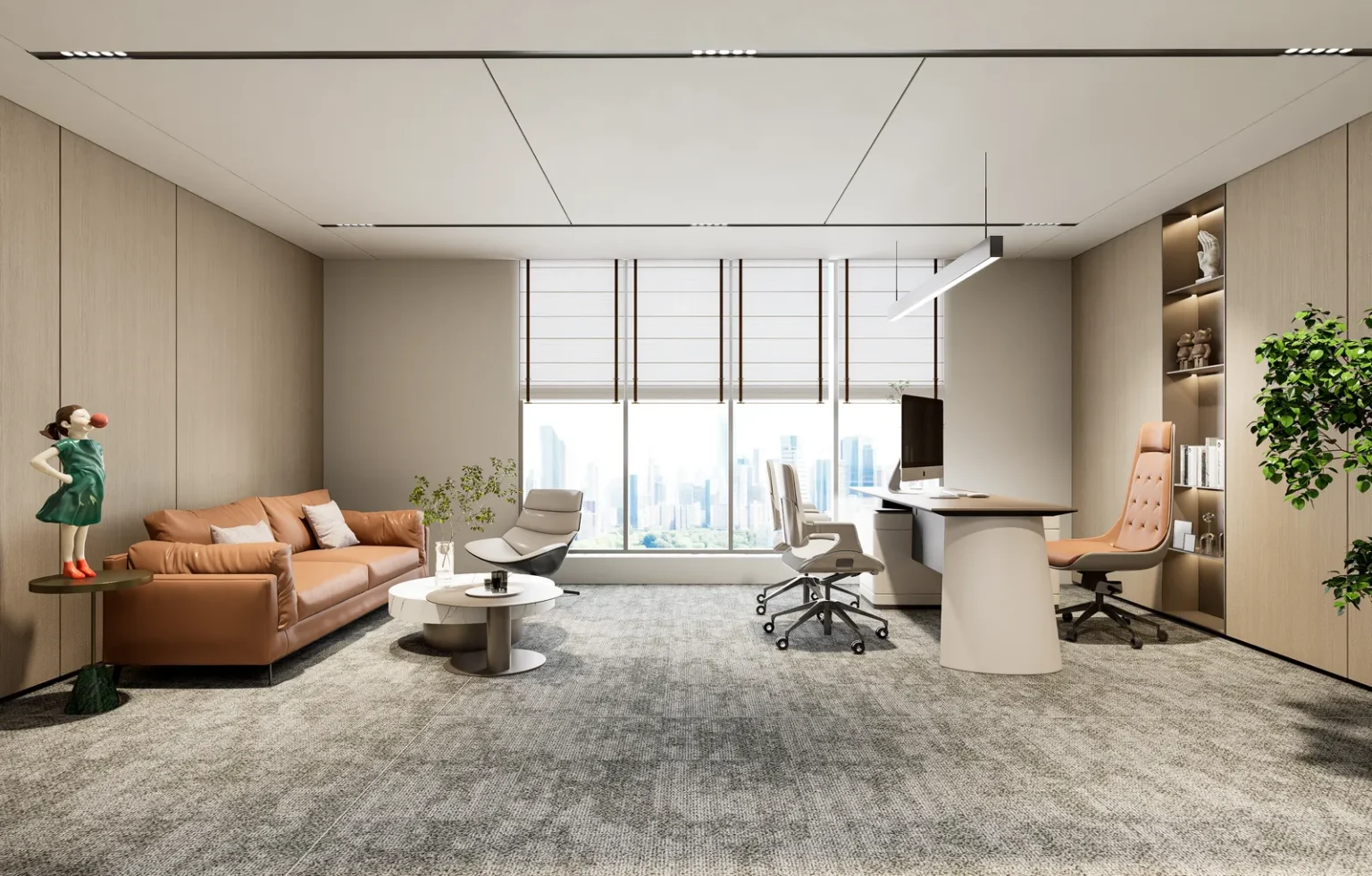 Executive office with tan leather and city views at Manvu HQ, Shenzhen