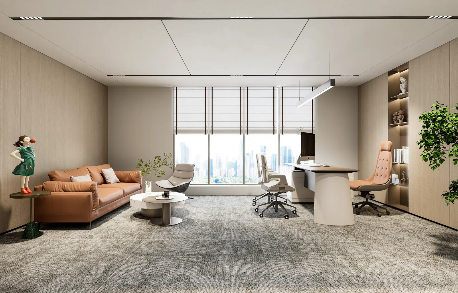 Executive office with tan leather and city views at Manvu HQ, Shenzhen