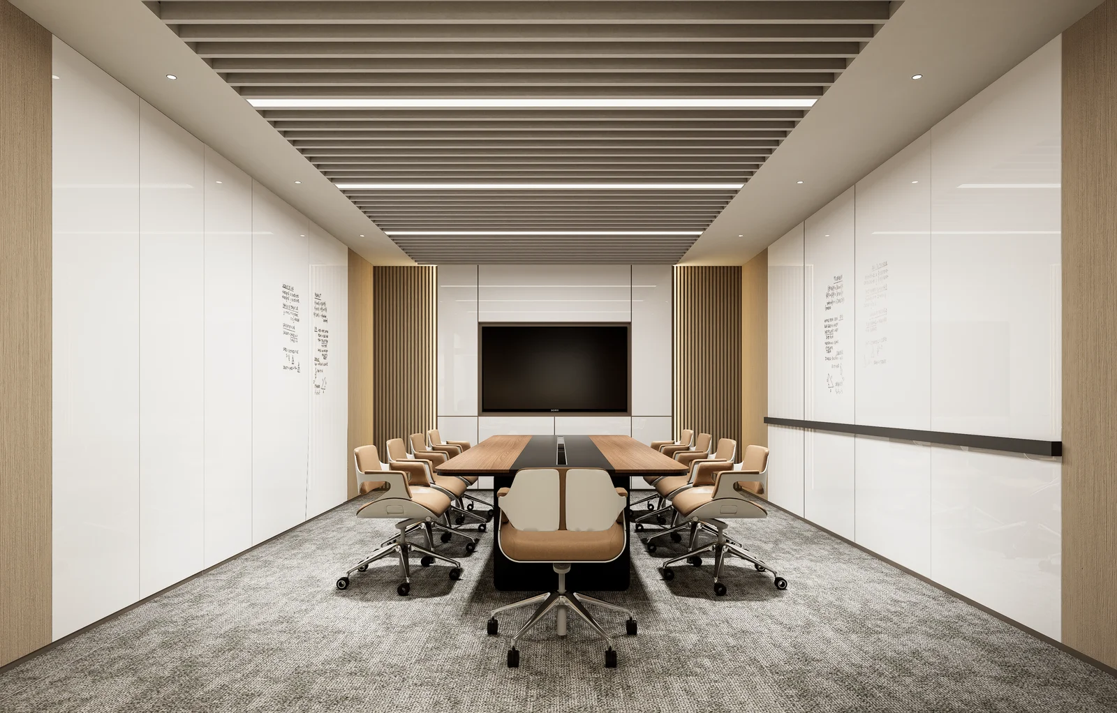 Meeting room with natural wood and even lighting at Manvu HQ, Shenzhen