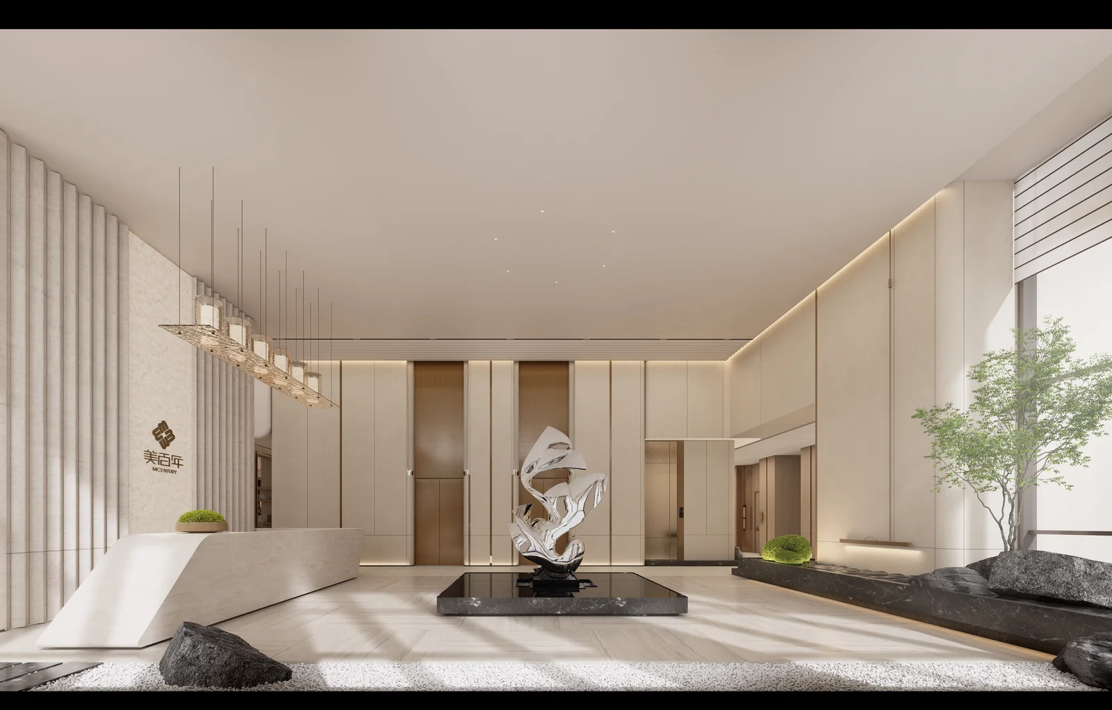 Premium enterprise workspace at MCRE Group, Shenzhen Chuangfu Building (view 2) — interior design & fit-out by Roky Design