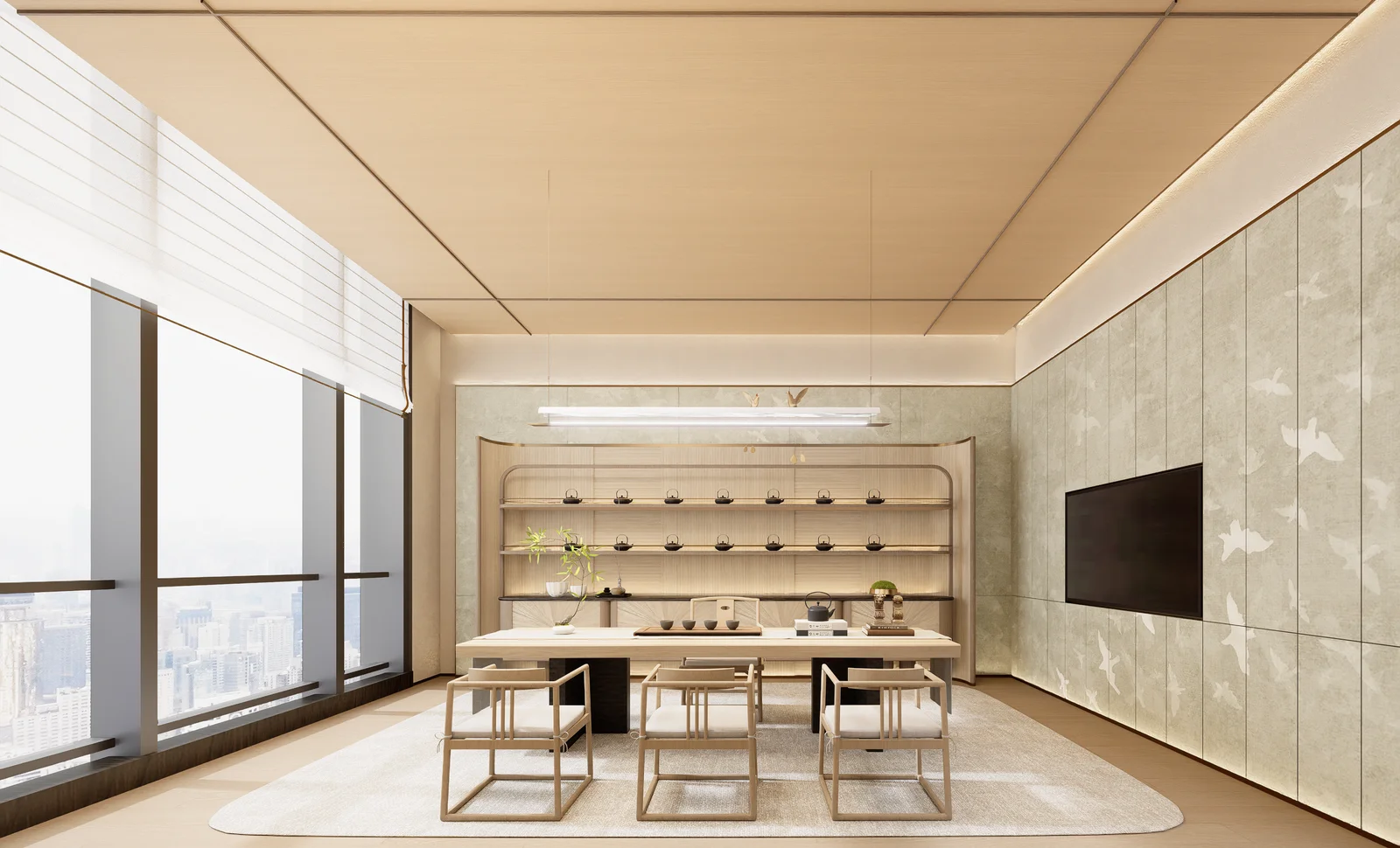 Premium tea room 1 / lounge at MCRE's enterprise office, Shenzhen Chuangfu Building — by Roky Design