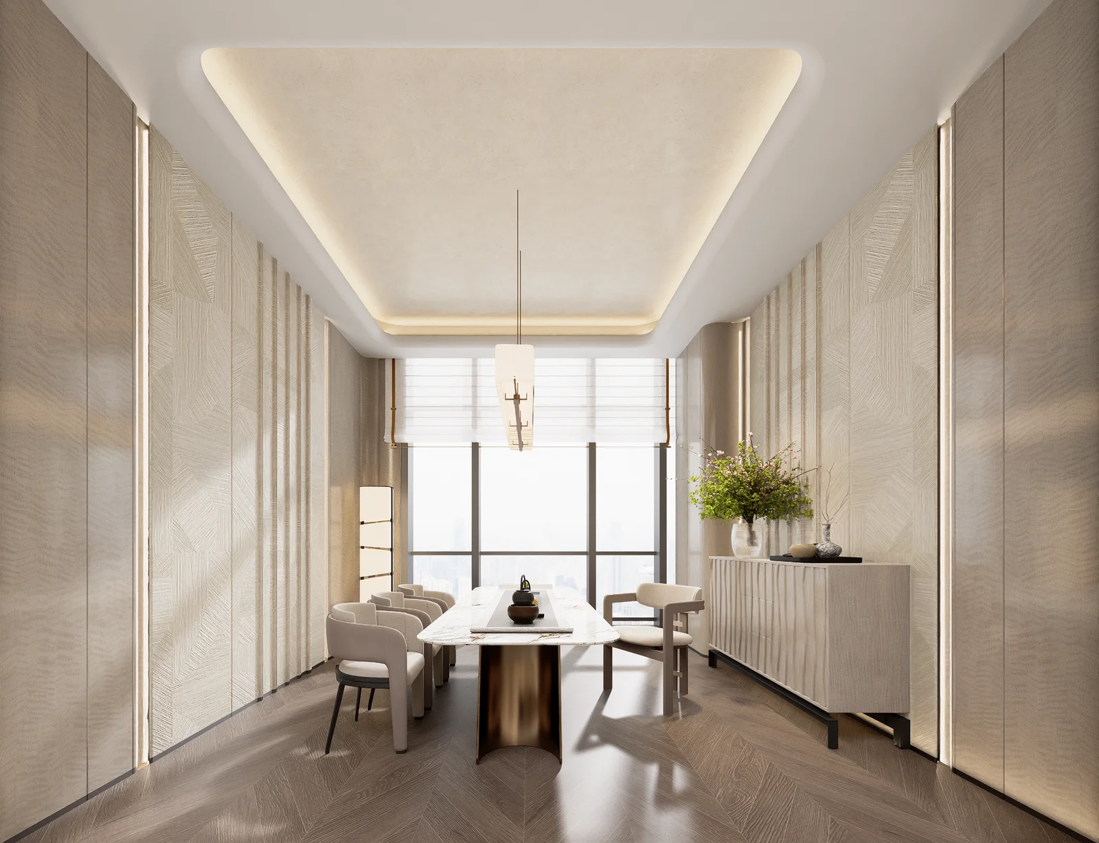 Premium tea room 2 / lounge at MCRE's enterprise office, Shenzhen Chuangfu Building — by Roky Design