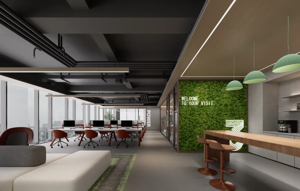 Open-plan office fit-out with breakout area, Hong Kong workplace design