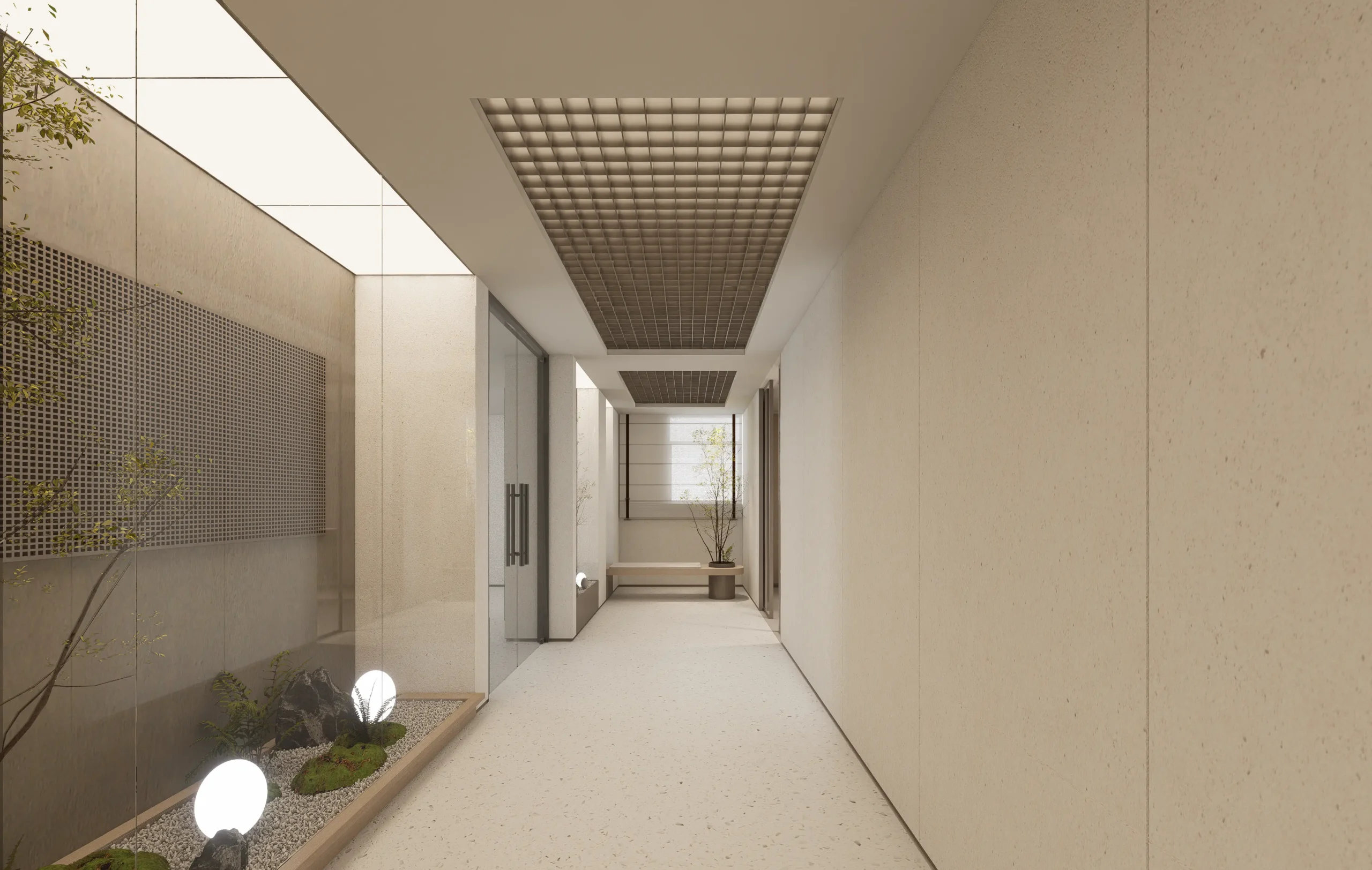 Minimalist office hallway at MANVU's designer-brand HQ, Shenzhen — by Roky Design