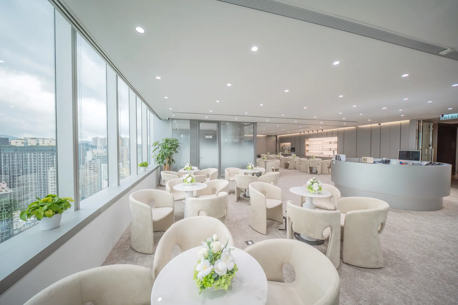 Consultation lounge with curved seating at the healthcare headquarters — interior design quality controlled by the team that built it